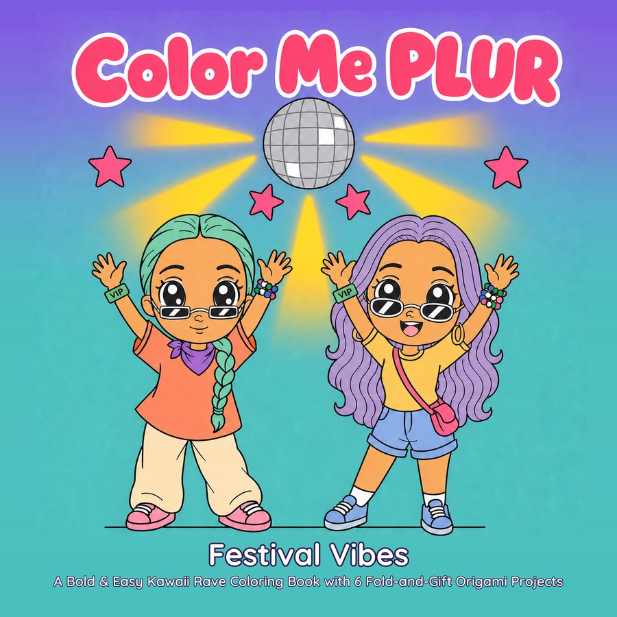 The cover of Color Me PLUR: Festival Vibes, showing two kawaii ravers in VIP wristbands and heart sunglasses under a disco ball