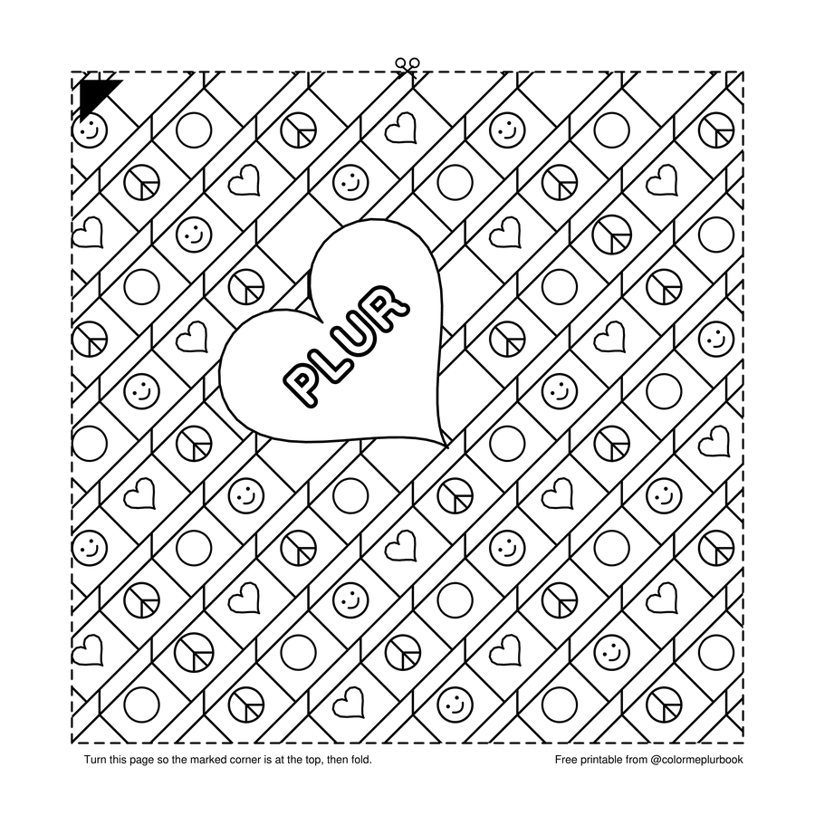 Page one of the free printable: diagonal rows of kandi cube beads stamped with smiley faces, hearts and peace signs, with a large PLUR heart in bubble letters on top, inside a dashed cut line