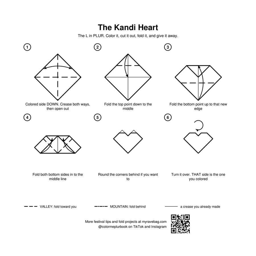 Page two of the free printable: a six step origami fold diagram for the kandi heart with a valley and mountain fold legend